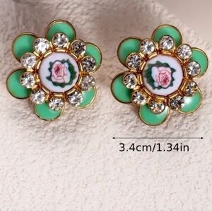 Floral Green and Gold Stud Earrings